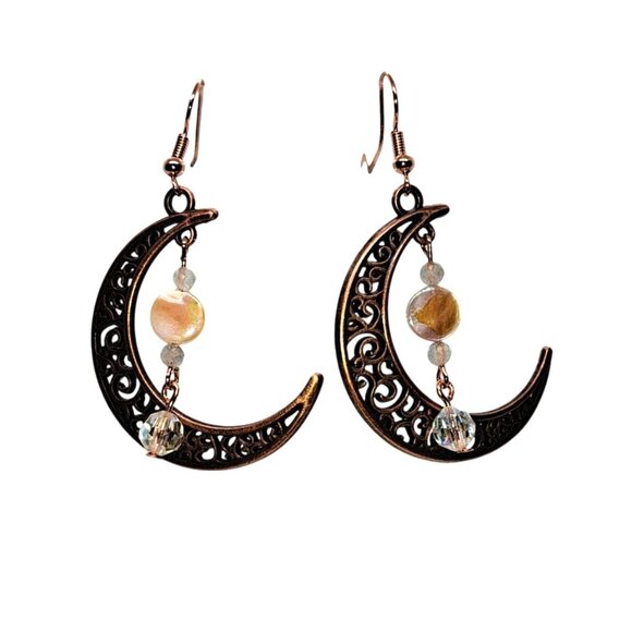Copper crescent earrings mother of pearl labradorite AB crystal handmade - Picture 2 of 8